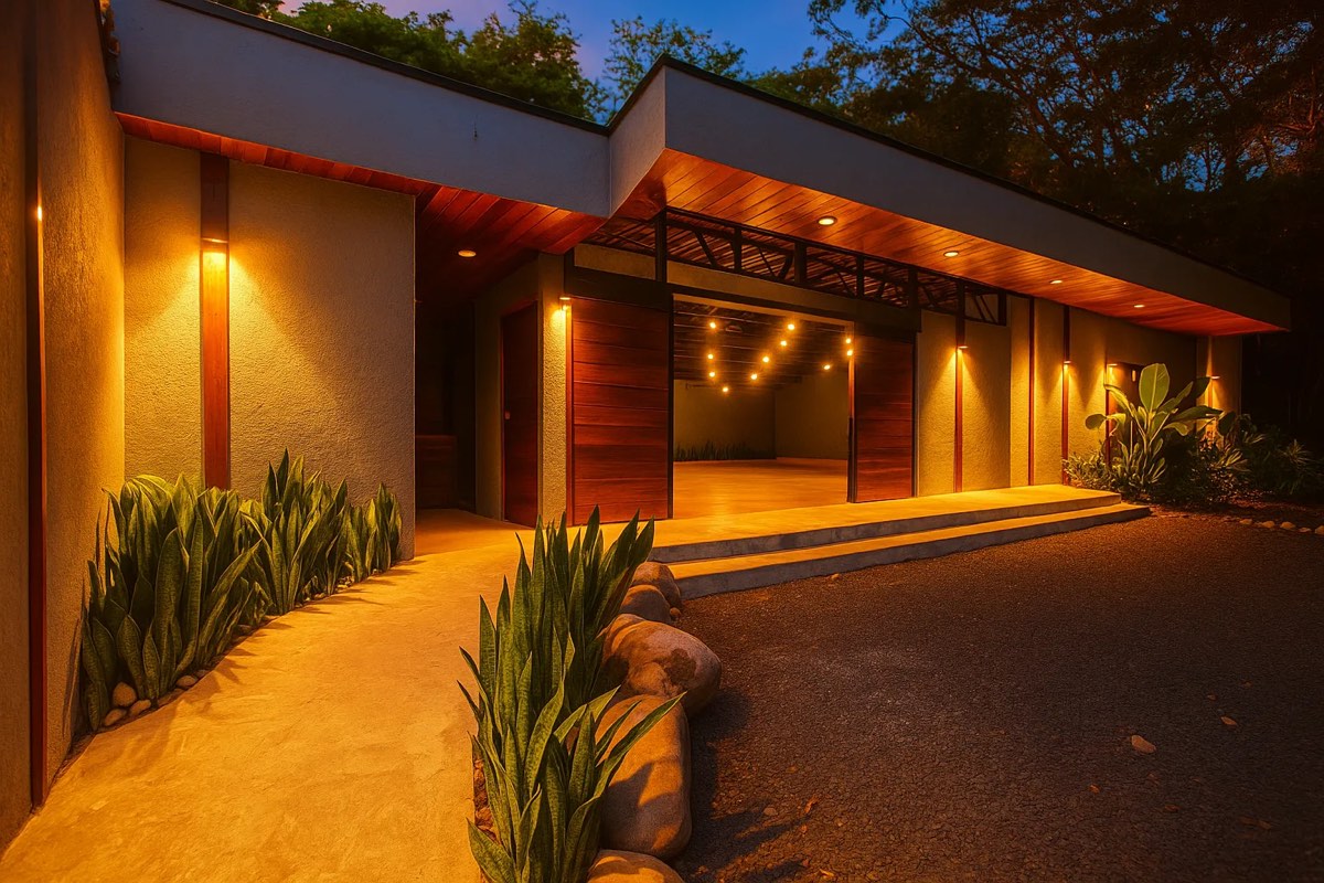 Entrada del Centro de Eventos al atardecer, con las puertas de madera abiertas