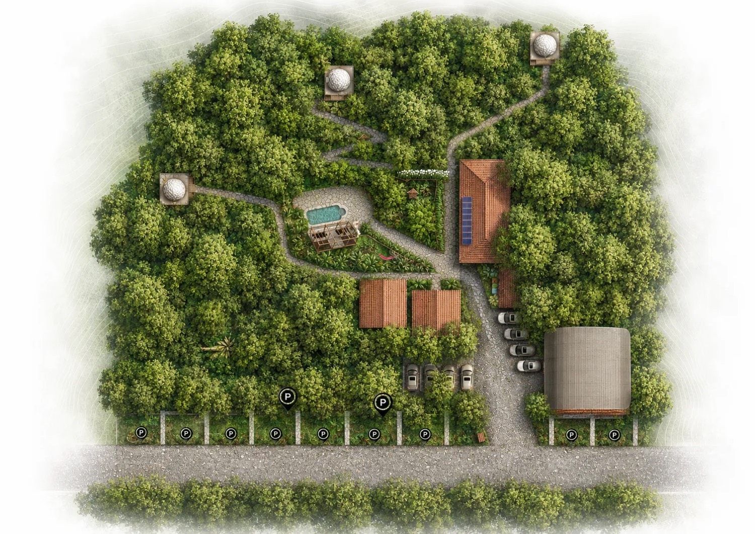 Ilustración del predio vista desde arriba: tres domos en el bosque unidos por senderos, la piscina, los edificios de techo rojo con paneles solares, el Centro de Eventos y el parqueo